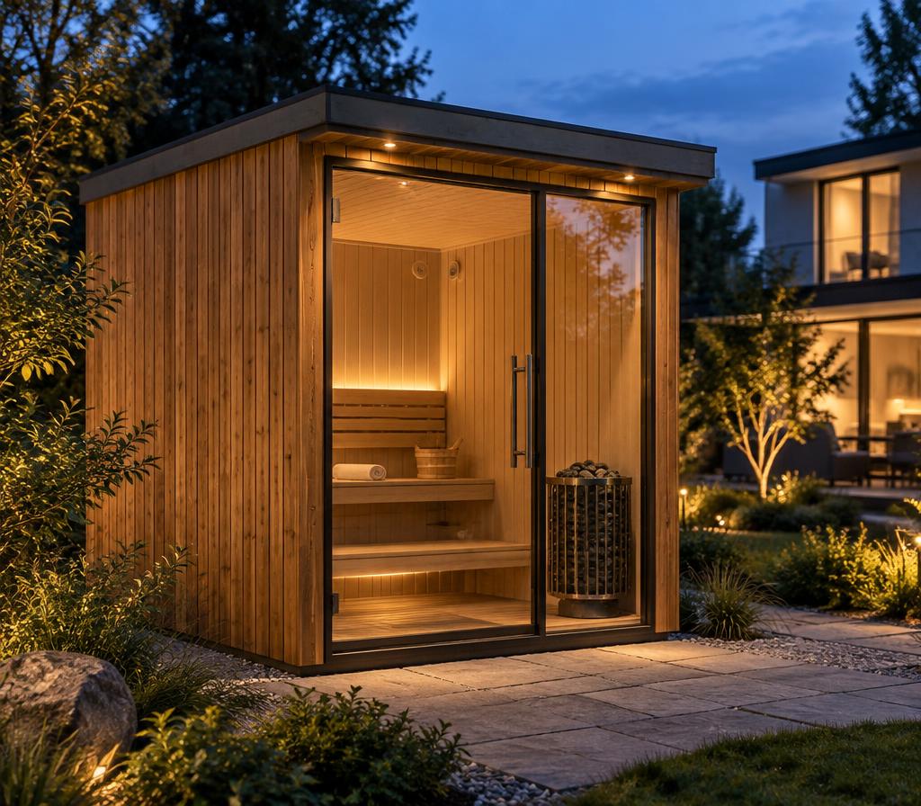 Kompaktowa sauna ogrodowa Lord Garden 220 z przeszklonym frontem o zmierzchu